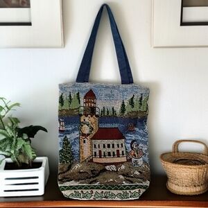 Vintage 90s Tapestry Tote Bag Book Bag Carpet Shoulder Winter Lighthouse Coastal